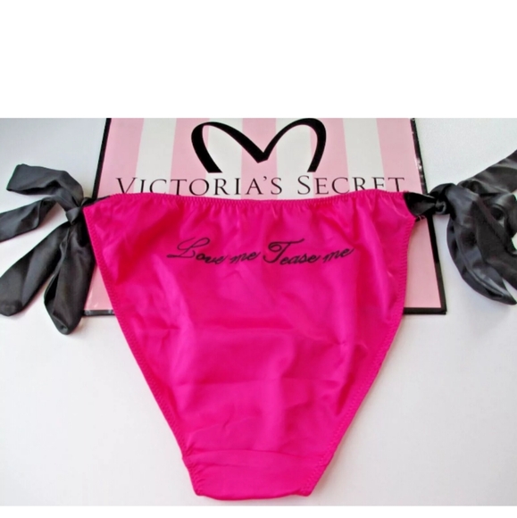 VICTORIA'S SECRET Tease Bow Tie Side Satin Cheeky Panty S M Black Pink Sexy VS - Picture 2 of 5